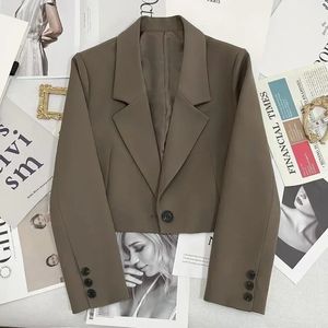 Moda coreana cortada blazers jaqueta feminina manga longa senhoras do escritório streetwear cor sólida único botão curto terno casaco 240228