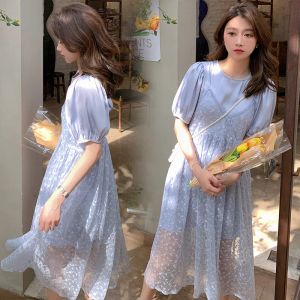 Vestidos novo verão fresco moda rendas duas peças mulheres grávidas vestido ternos manga curta t + cinta vestido roupas para grávidas conjunto twinset