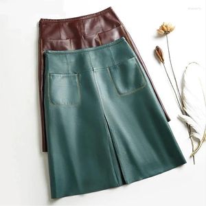 スカートスタイリッシュな女性本物の革のスカート女性スリットポケット縫製ハイウエストジュペムジャーAラインミッドレングスワインレッド/ブルーシックファルダ