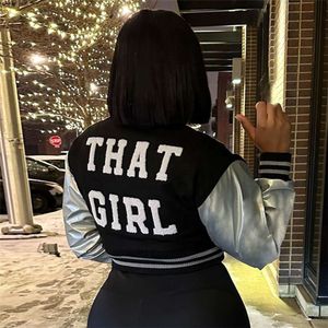 That Girl Lettera Ricamo Pelle a maniche lunghe Giacche da baseball Donna Patchwork Bottoni Letterman Giacca Varsity Cappotti 34 uomo