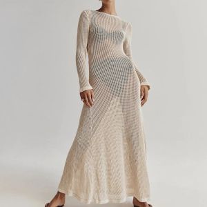 Kleid hirigin Elegantes Langarm-Maxikleid für Frauen Hohlhäkelstrick Sommer Strandvertuschungen Party Langes Kleid Club Streetwear