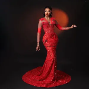 Party Dresses Sparkle Red Beaded Mermaid Prom African Long Evening Gown Aso Ebi Sequins Lace Formal Wedding Reception Dress