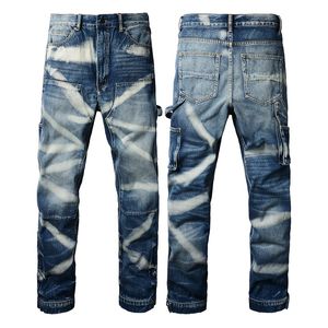 Designer Stack Jeans European Purple Jean Men broderi Quiltning Rippad för trendmärke Vintage Pant Mens Fold Slim Skinny Fashion Jeans