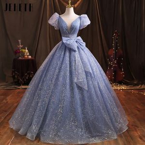 Jeheth Real Pos Glitter prom klänning puff ärmar prinsessa födelsedagsklänningar mousserande mantel de bal formell kvällsfest för kvinnor 240227