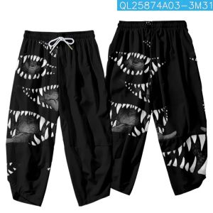 Pantaloni Cartoon Demon Bocca Stampata Nero Uomo Pantaloni Harem Giapponesi Casual Elastico In Vita Kimono Pantaloni Corti Streetwear