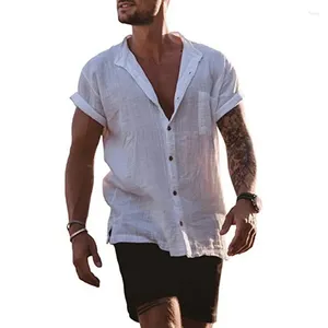 Camisas casuais masculinas verão sólido algodão camisa de linho elegante negócios solto manga curta bolso turn colar para roupas masculinas