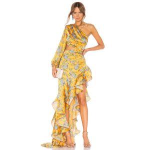 Dresses New Fashion Summer Maxi Dress Sexy Slim Long Sleeve One Shoulder Floral Irregular Lotus Leaf Women Ruffle Gown