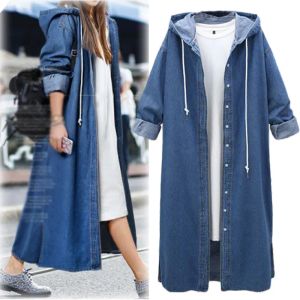 Trench New Autumn Winter Demin Coat Women 2022 Moda Casual Jeans Longo Capuz Trench Outwear Tops Presente de manga longa