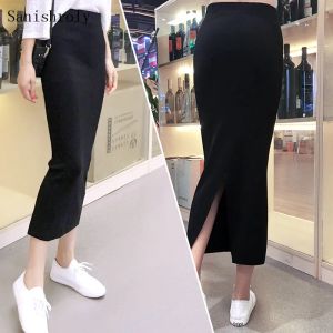 Skirt 2021 Autumn Winter Knitted Skirt Women Elastic High Waist Split Sheath Bodycon Sweater Skirt Office Ladies Long Pencil Skirts