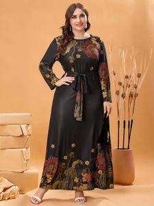 Autumn Winter Dress Long Sleeve Woman Floral Print Casual Long Dress Black Plus Size Women Clothing 240228