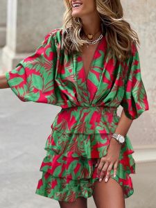 Klänning Deep Vneck Women Printed Mini Dress Patchwork Three Quarter Sleeve Spring Autumn Simple Holiday Ladies Dress Streetwear Vestido