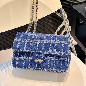 Ladies Classic Single Flap Quilted Check Blue Tweed Bags With Tassel With Back Pouch Multi Pochette GHW Crossbody Designer Outdoor Purse For Spring 20CM/25CM