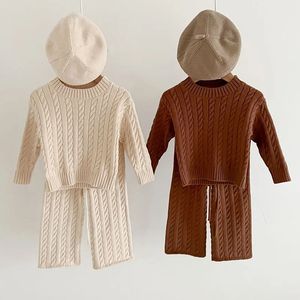 Outono inverno nascido bebê meninas roupas terno de manga comprida cor sólida malha pulôver toppants crianças conjunto de roupas de malha 240226
