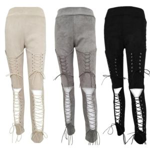 Capris mittelalterlicher Cosplay -Kostüm Frauen Gothic Retro Hosen Steampunk PU hohl aus Schnüre -up Hose Skinny Streetwear Nachtclub Trouse