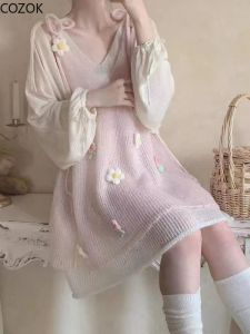 Vestido kawaii lolita sling vestido feminino doce flor crochê tricô topos independente elegante festa mini vestidos roupas de moda coreana