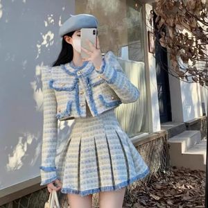 Heavy Tassel O-neck Long Sleeve Tweed Coat Women Y2k E-Girl High Waist Ruched Dresses Autumn Blue Two Piece Sets 240223