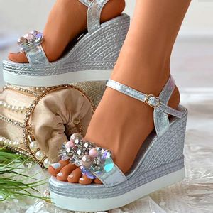 Kleidschuhe 2024 Sommer Perlen Knöchelriemen Wedges Sandalen Bequemer Spaziergang Freizeit Plattform Sandale für Frauen Silber Rosa Gold