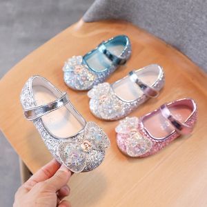 Utomhus frysta Elsa Princess Designer Crystal Flat Shoes Kids Bow Tie Bling Slip On Baby Girls Shoes Child Flats Gifts