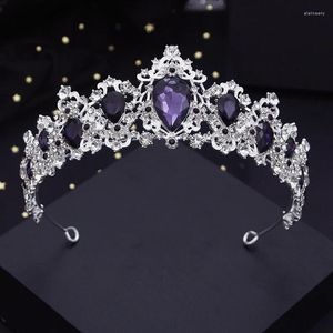 Hårklipp silverfärger lila kristallbröllop krona för drottning brud huvudbonad mode tiaras hårkläder flickor prom huvud prydnadsmycken