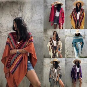 Jaquetas vintage oversize outono capas 2023 xadrez étnica solto cardigan borla suéteres boho cachecol de malha cardigan para mulher