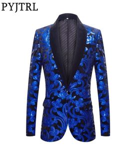 Pyjtrl série masculino azul real preto veludo floral brilhante lantejoulas blazers casamento noivo baile cantor terno fino jaqueta y2010268526650