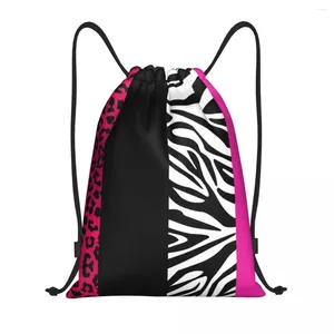 Shoppingväskor anpassade rosa zebra och leopard djurtryck ränder dragkammare män kvinnor lätt sport gym lagring ryggsäck