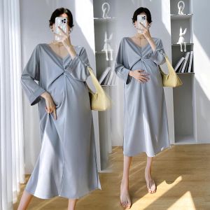 Dresses 6183# Autumn Spring Long Dress Across V Neck A Line Maternity Dress Elegant Clohtes for Pregnant Women Pregnancy Clothing