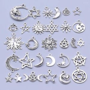 Charms 30pcs Random Mix Sliver Color Sun Moon Pentagram Sky Star Pendants Jewelry Making DIY Handmade Craft Findings Accessories