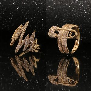 Guldfärg Blixt Cool Rings Classic Pin Clip Geometry Open Ring For Women Luxurious Simple Punk Party Jewelry Gifts 240220