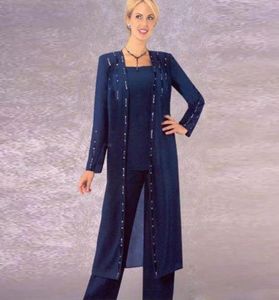 Dark Navy Three Pieces Mother of the Bride Pant Suits fyrkantiga hals långa ärmar Bröllopsgästklänningar Chiffon Plus Size Pärled Form2118666