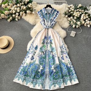 Casual Dresses Summer Elegant Print Floral Long Dress Women's Sleeveless Lapel Single Breasted Belt Tank Beach Party Vestidos Clothings 2024