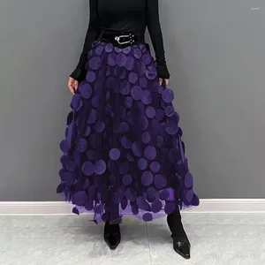 Saias Belas mulheres saia saia vintage A-line maxi com decoração 3D Decoração cintura elástica feminina de cor sólida feminina
