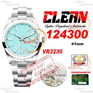 124300 VR3230 Orologio automatico da uomo Clean CF 41 mm Lunetta lucida Quadrante blu turchese Bracciale in acciaio inossidabile 904L Super Edition Stessa serie Card Puretimewatch