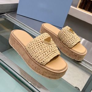 Woman Straw Platform Slide Designer Sandal Woven Wedge Slipper Summer Woody Slides House Beach Mule Flip Flops Chunky Bottom