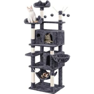 Scratchers LISM 67" H MultiLevel Cat Tree Tower with 2 Cat Condos & Hammock Basket, Dark Gray