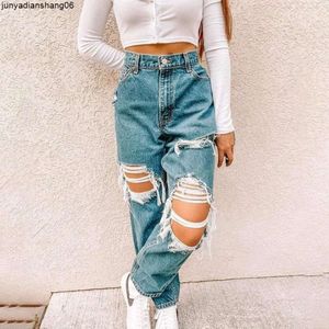 Womens Jeans Women Mom Cargo Pants Blue Hole Straight Ripped for Baggy Fashion High Waisted Ladies Wide Leg Trousers