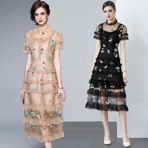 Casual Dresses Runway Vintage Print Midi Dress Womens Turn Down Neck Short Sleeve High Street Slim Casual Party A-Line Shirt Dress 2024