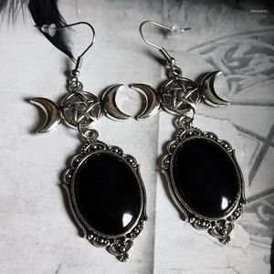 Brincos pendurados em relevo de cristal preto gótico elegante e pingente de pentagrama triplo