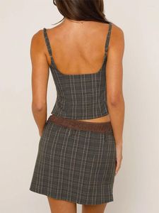 Sukienki robocze 2 -częściowy zestaw spódnicy Y2K kratą druk kamizowy i sznurka bodycon mini estetyczne ubrania streetwearne