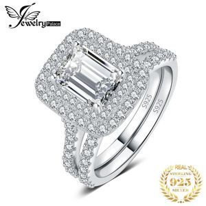 Schmuck 925 Sterling Silber Halo Ehering Verlobungsring Set für Frauen 29 Karat Smaragdschliff AAAAA CZ Mode 240220