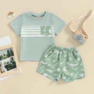 Set di abbigliamento Lioraitiin 0-3 anni Completi estivi per bambini T-shirt a maniche corte a righe e pantaloncini elastici con stampa di cartoni animati Set di vestiti