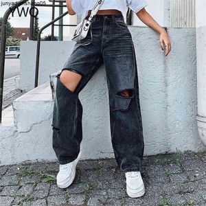 Ripped Women Jeans Wide Leg Long Cargo Pants Ladies Black Boyfriend High Waist Vintage Korean Lady Trousers Baggy 210922