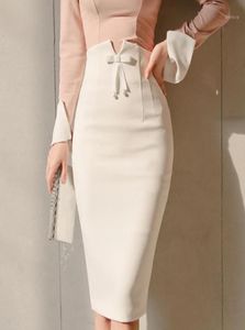 2020 Plus Size Office Ladies High midja Bow White Women Pencil kjol Sexig höftpaket Femme kjol arbete Business Women13508199