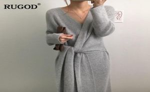 Nuovo vestito coreano maglione di cashmere con cintura donna moda ufficio signora scollo a V abito lavorato a maglia inverno caldo abiti spessi T2001065858119