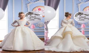 New Arrival Flower Girls Dresses Long Sleeves with Pearls Beads First Communion Dresses V Neck Lace Ball Gown Girls Pageant Gowns6591393