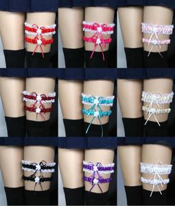 Bourgogne Bridal Leg Garters Prom Garter Bridal Wedding Garter Belt 2 Pieces Set Lace Ribbon Flowers Crystals Pearls Storlek 30 T7859079