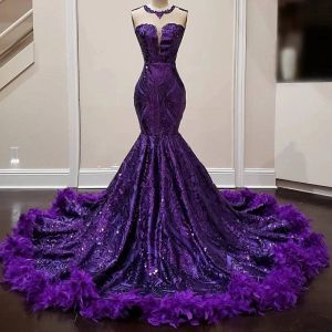 Purple Feathers Mermaid Sukienki na balu Black Girl cekin urodzinowe sukienki na imprezę 2024ROBES de Bal Suknie wieczorowe