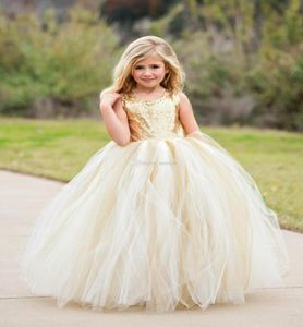High Quality Flower Girls Dresses Sparkly Gold Sequins Ivory Skirt Kids Long Formal Wedding Party Gowns Sleeveless Open Back7437598