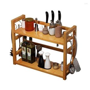 Kitchen Storage Wooden Seasoning Bottle Rack With Hooks Spice Organizer 2-Tier Shelf Bathroom Countertop