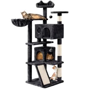 Когтеточки 57-дюймовое кошачье дерево, многоуровневая башня для кошек с 3 мягкими жердочками, 2 домика для кошек, 2 подвесных мяча и когтеточки разных цветов